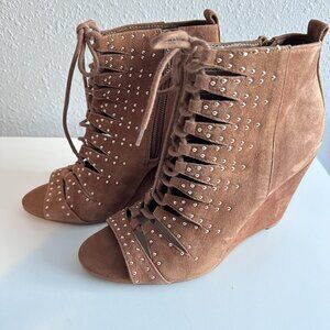 JESSICA SIMPSON | Barlette Brown Studded Open Toe Lace Up Wedge Bootie | Brown